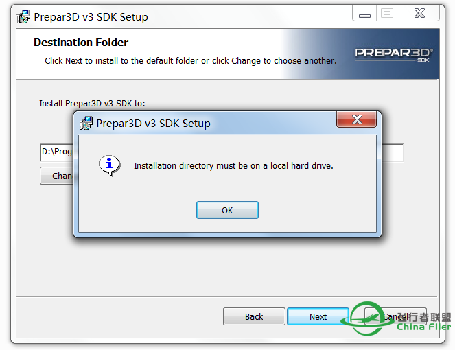 安装P3D SDK 出现：installation directory must be on a local dard drive-7563 