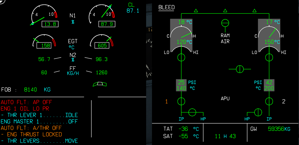 Toliss A319的告警信息怎么处理：ENG 1 OIL LO PR-1197 