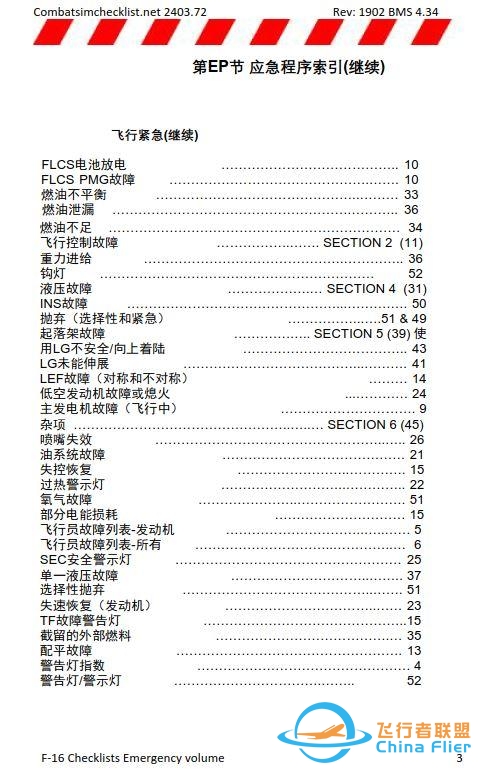 模拟飞行 BMS F-16检查表应急程序 1.1目录-3646 