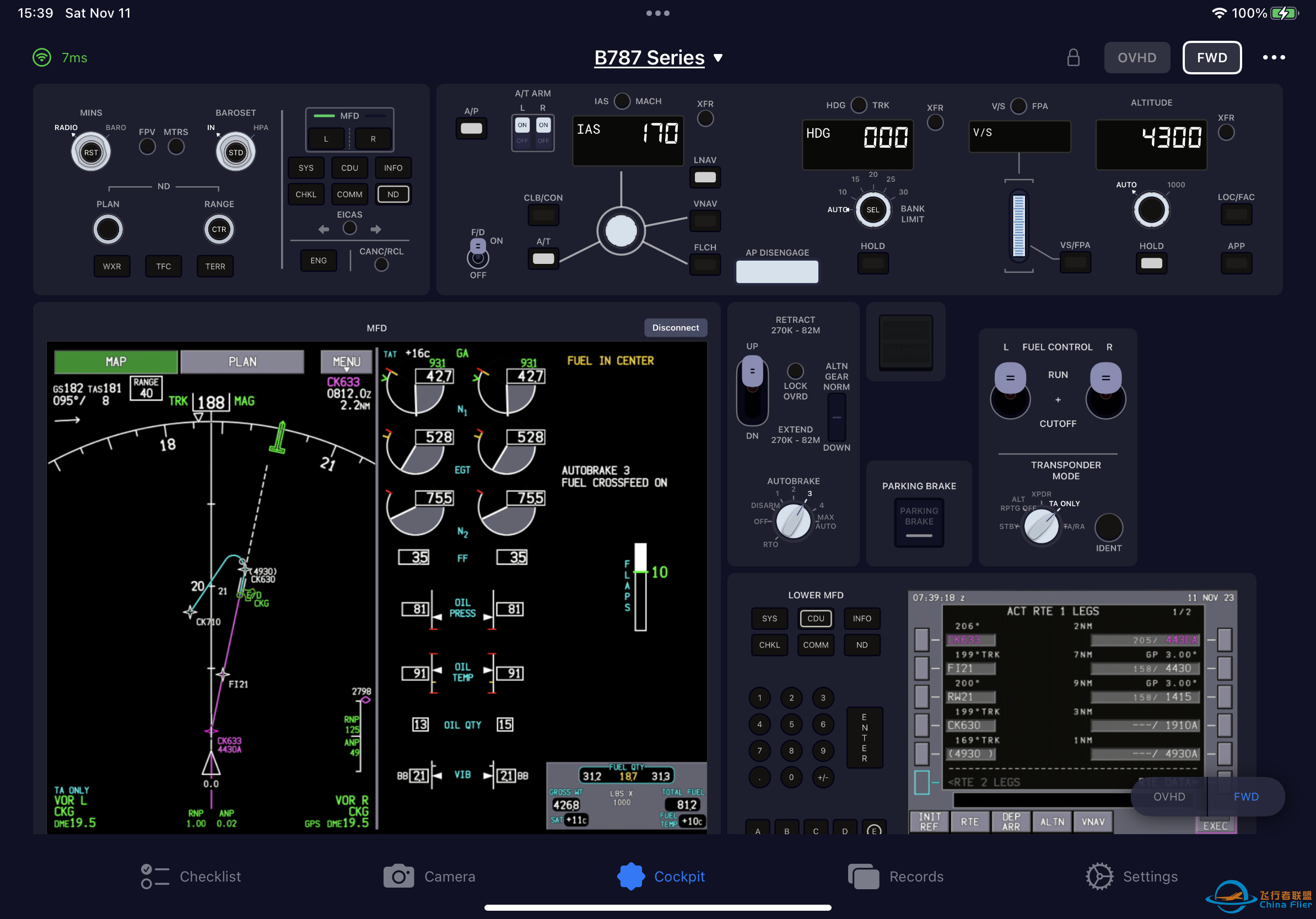 SimFlyPad 发布 B787 面板，支持iPad上远程控制MFD-1449 