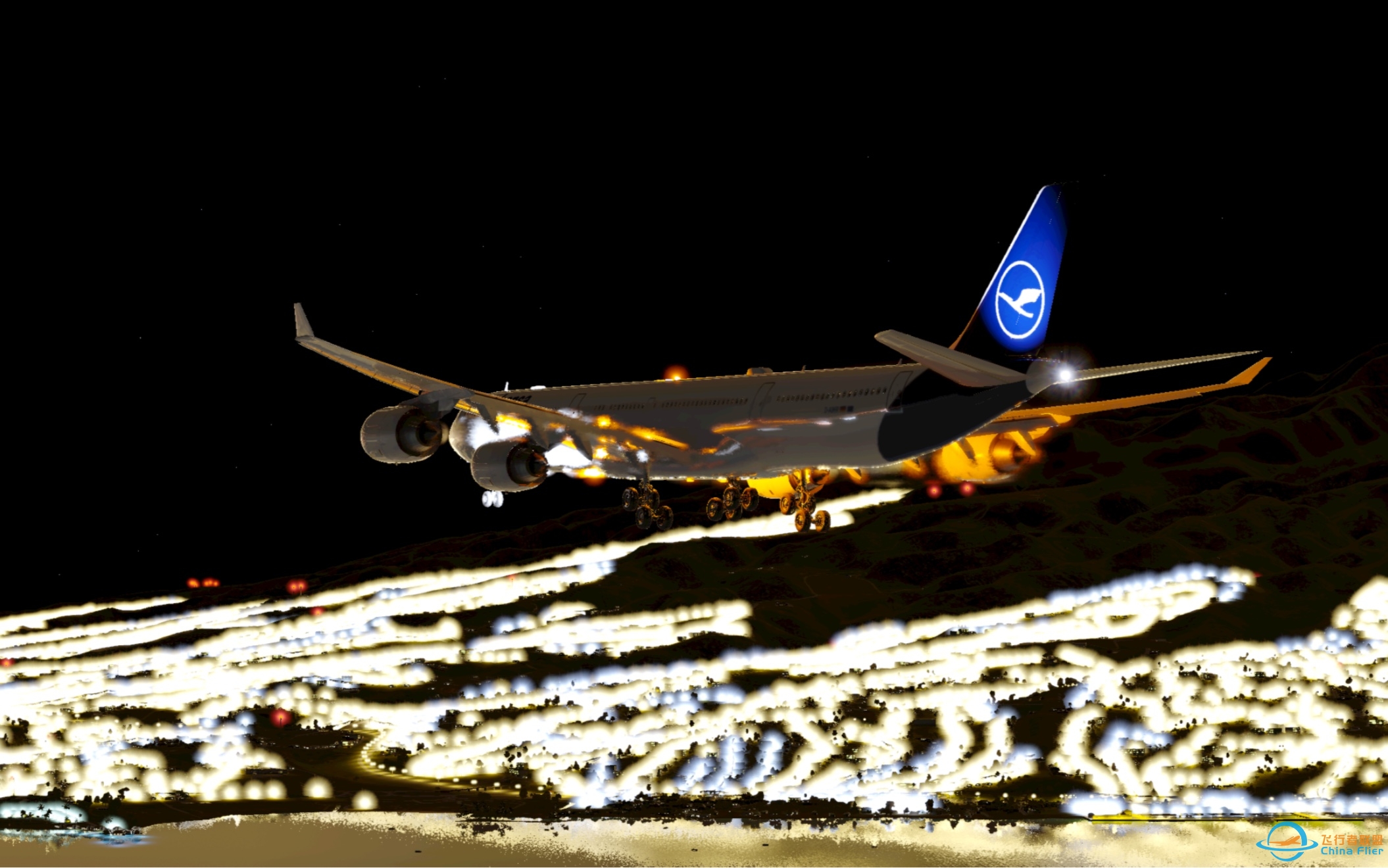 「X-Plane 12」A340-600无超限夜间落地法阿国际机场-850 